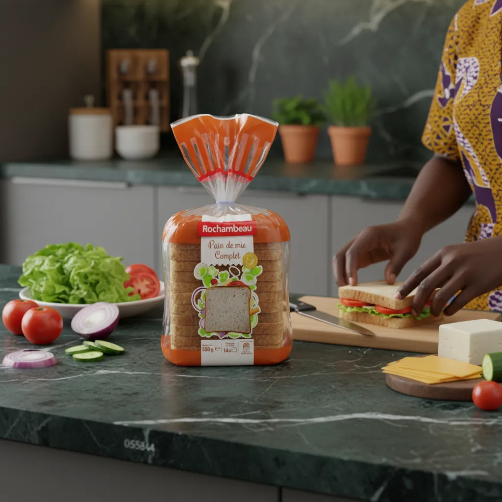 Préparation d’un sandwich avec le pain complet Rochambeau dans une cuisine moderne, pain de mie complet pour une alimentation équilibrée.